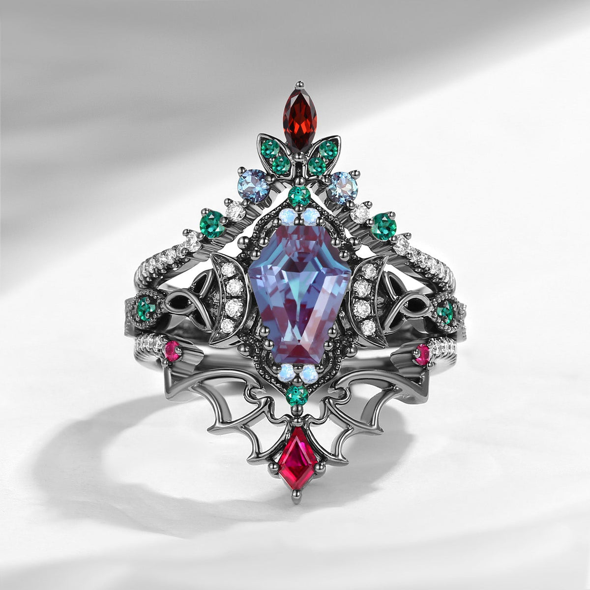 Celtic Moon - Unique Gothic Coffin Lab Alexandrite Celtic Knot Ring Set In Black Gold