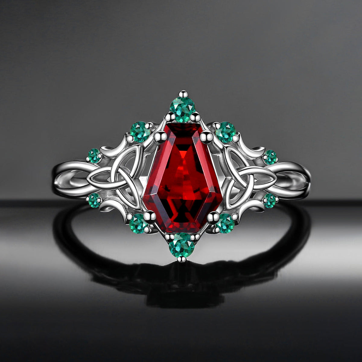 Celtic Moon - Unique Gothic Coffin Cut Garnet Celtic Engagement Ring