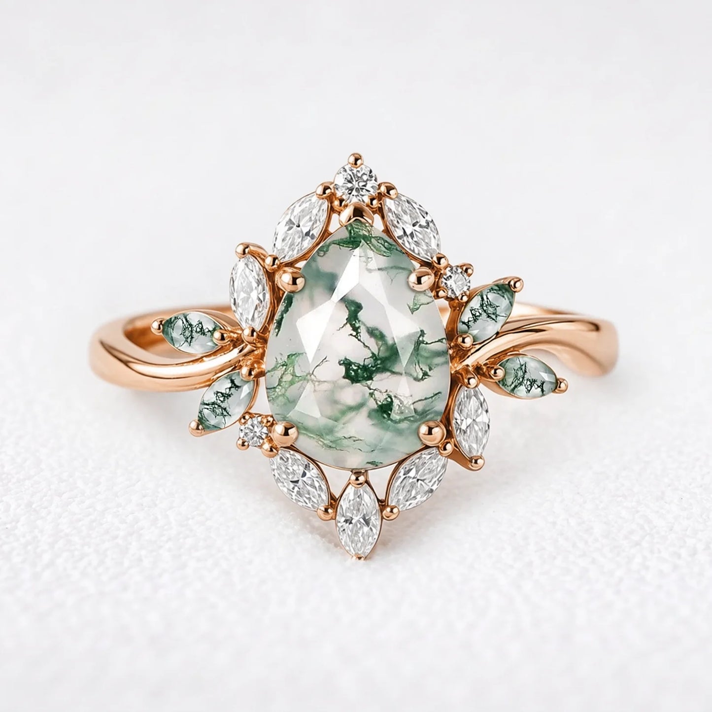 Daphne's Bloom | Pear Moss Agate & Diamond Cluster Engagement Ring