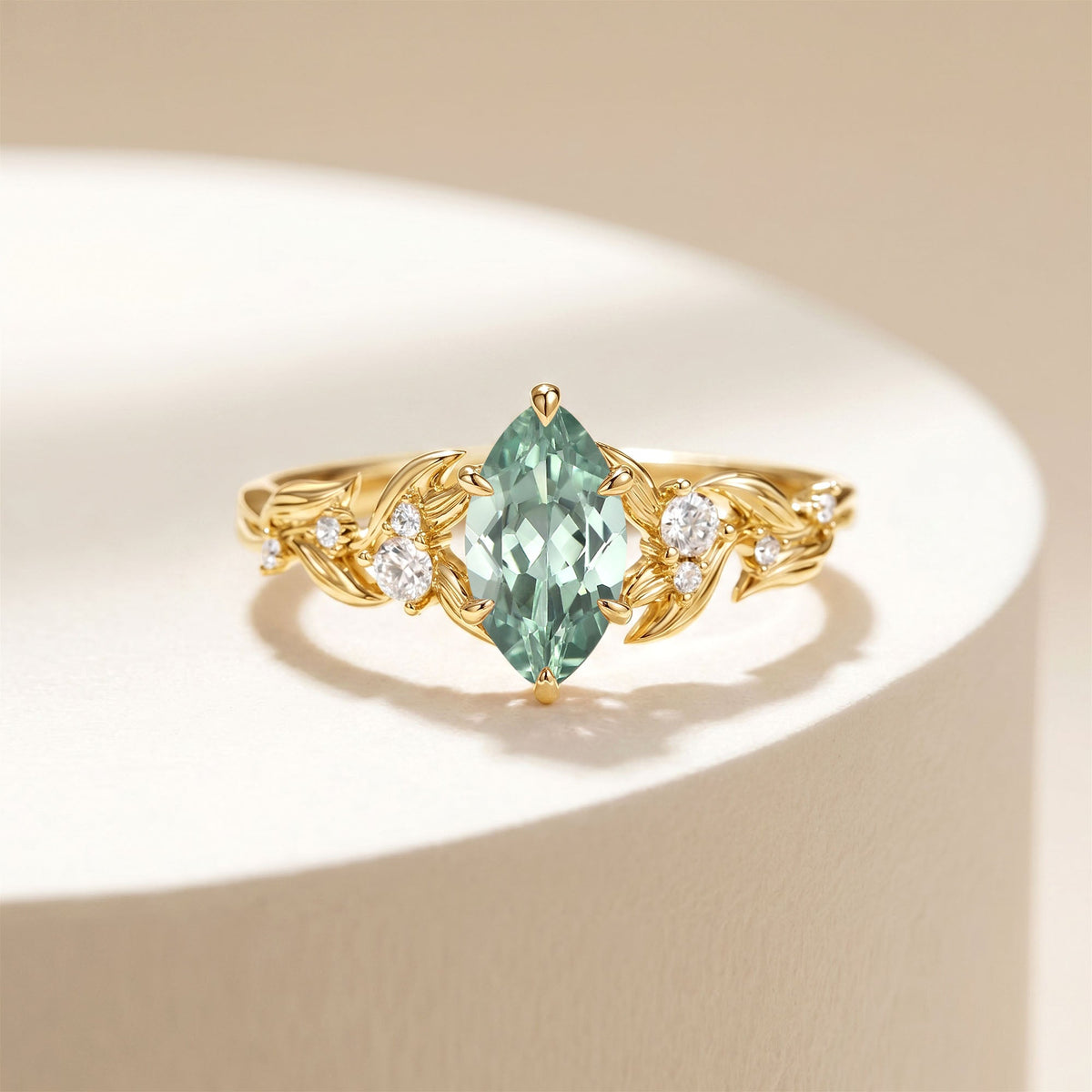 Marquise Cut Lab Green Sapphire Leaf Dainty Engagement Ring - Dahlia
