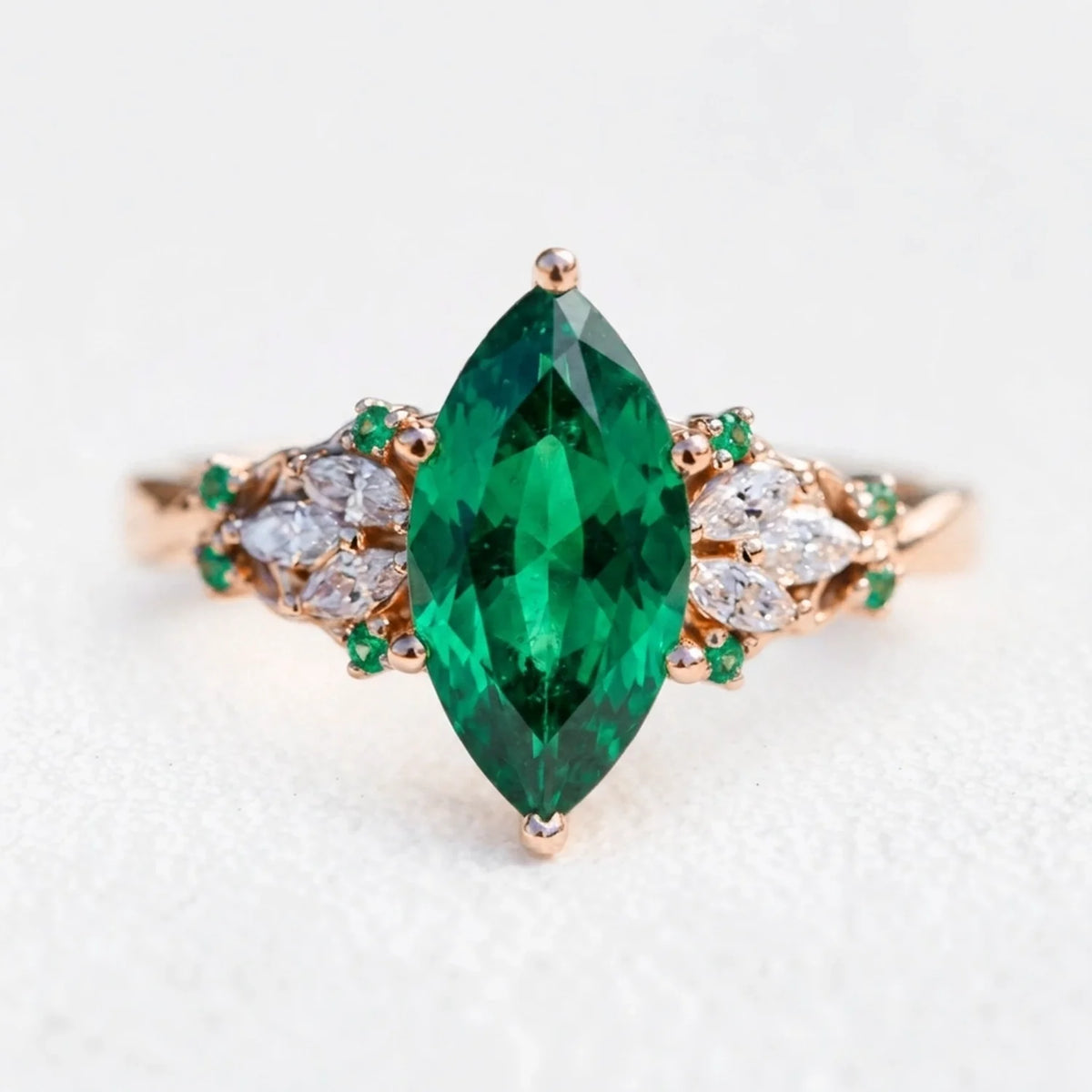 Alexandria’s Regalia | 2CT Marquise Emerald Vintage Engagement Ring