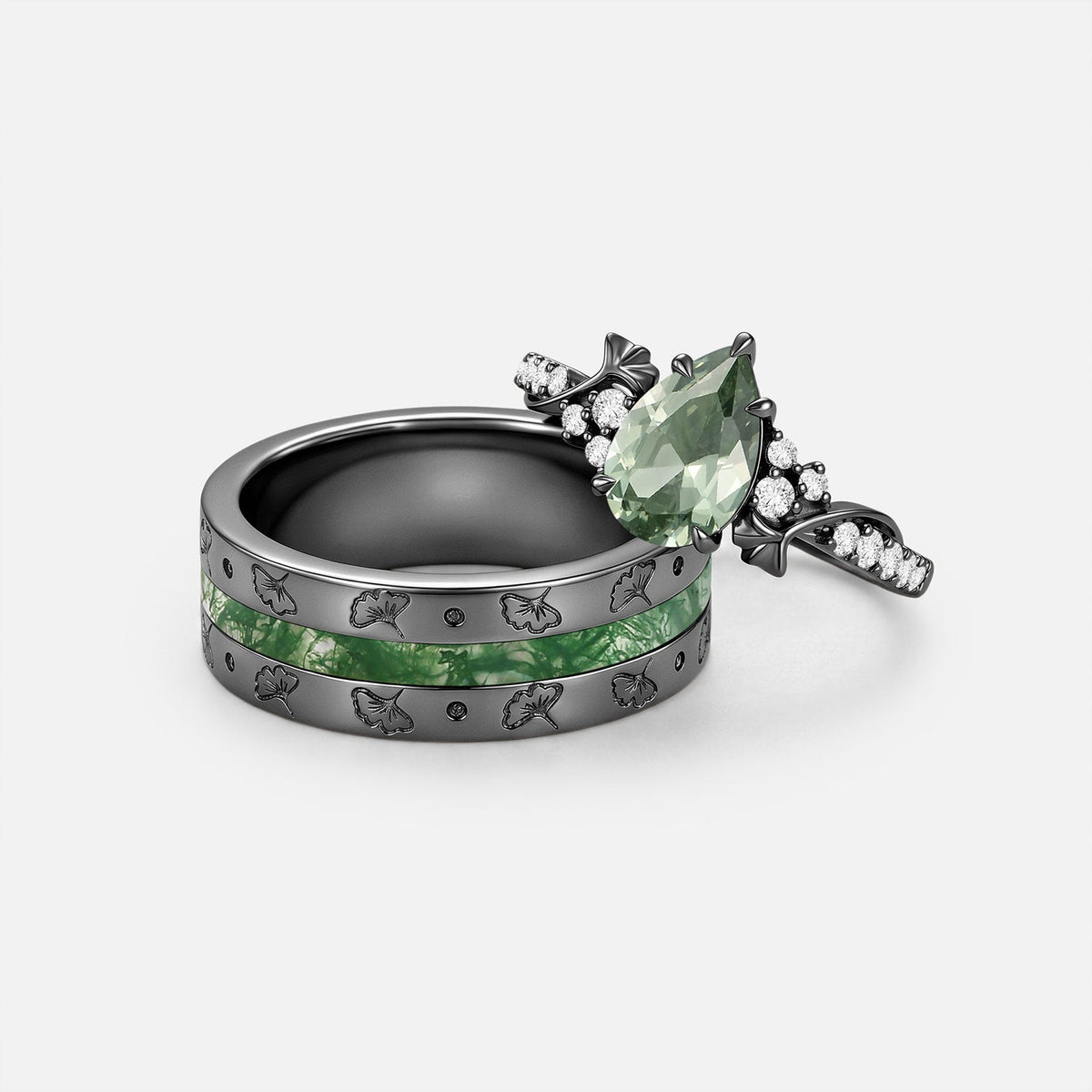 Pear Cut Lab Green Sapphire & Moss Agate Engraved Leafy Couple Ring Set 2pcs - Reverie