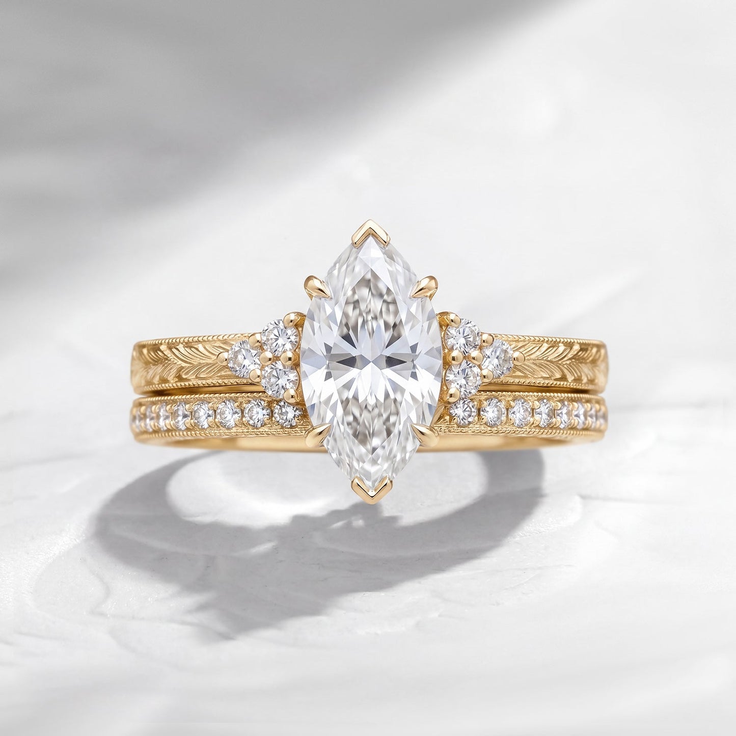Vintage Nature Inspired Marquise Moissanite & Lab Diamond Rose Flora Engagement Ring Set 2pcs
