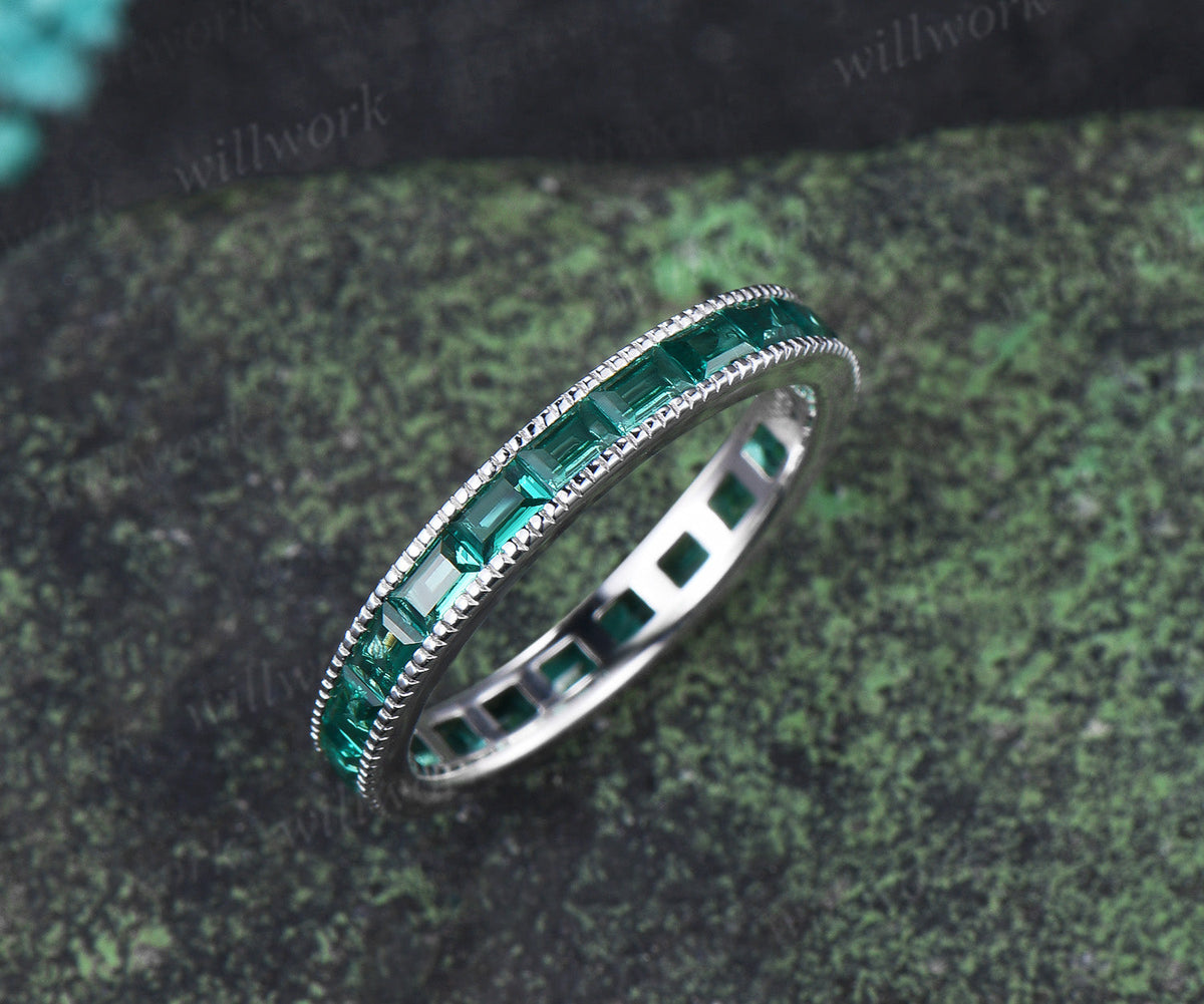 Baguette Cut Emerald Wedding Ring Vintage Milgrain Channel Set Full Eternity Band Stacking Ring Anniversary Gift