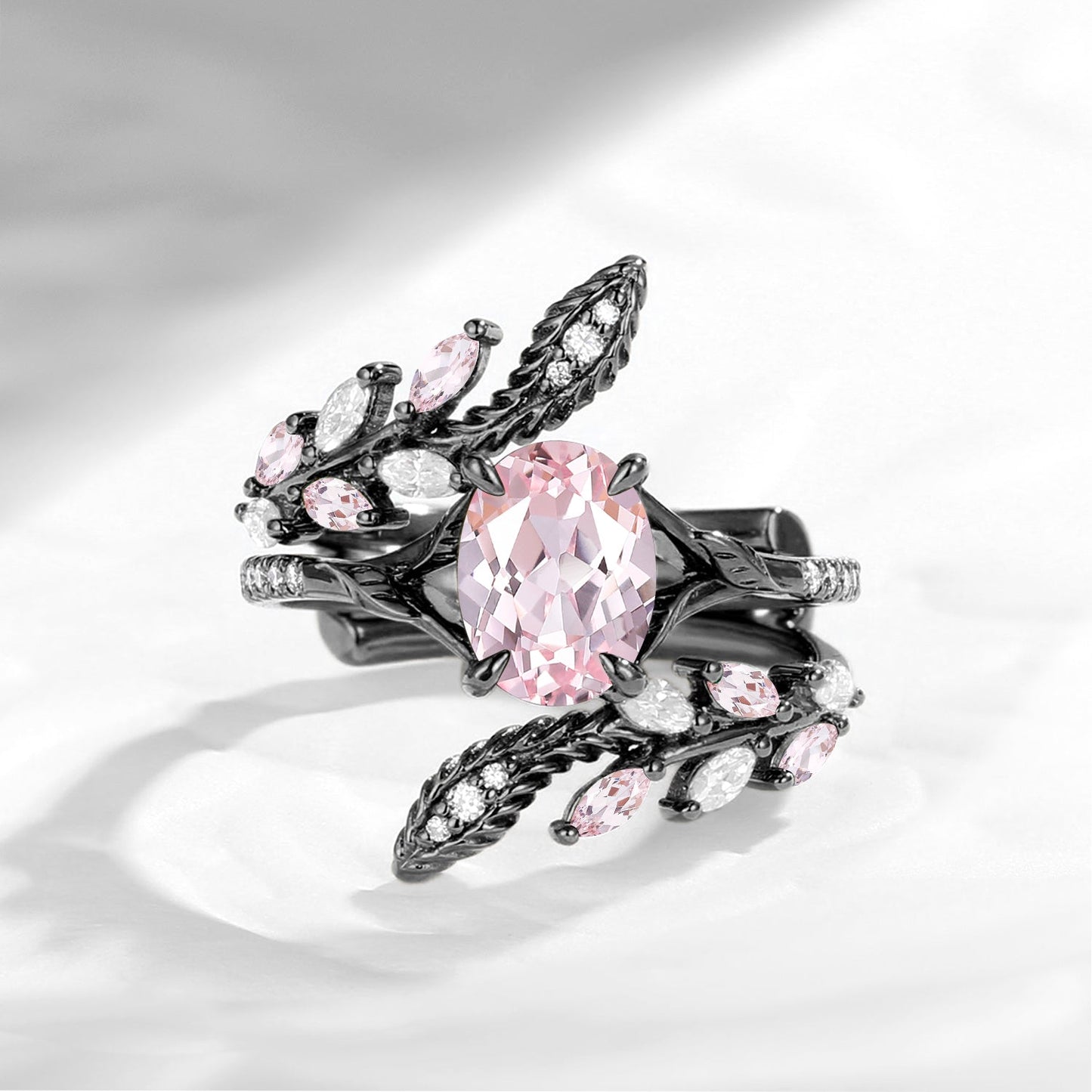 Nature Inspired Oval Lab Pink Sapphire Snake Twist Cage Ring Set 2pcs - Serpent's Embrace