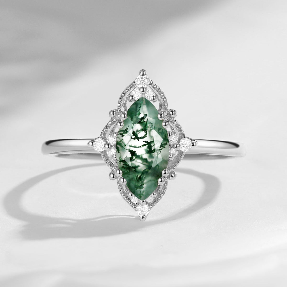 18K Marquise Vintage Inspired Moss Agate Engagement Ring