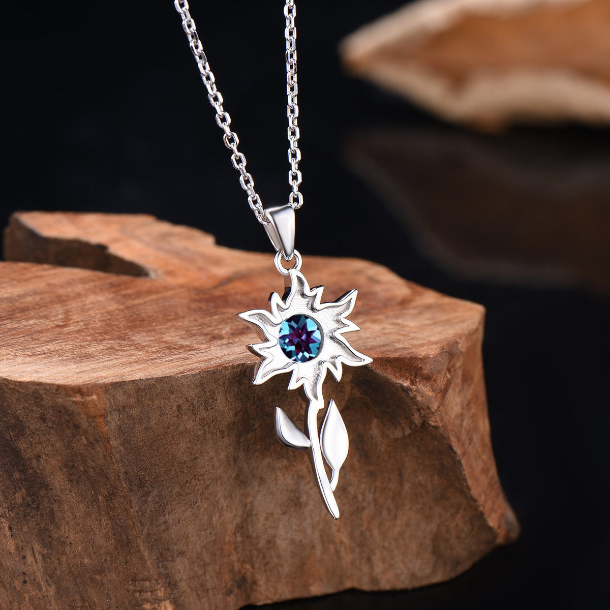 Elegant Alexandrite Sunflower Necklace, Color Change Leaf Vine Branch Pendant