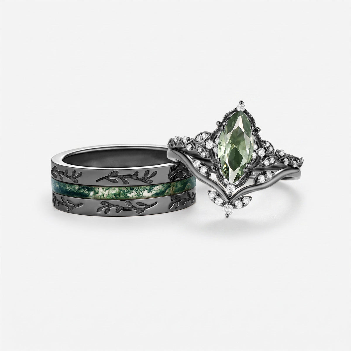 Marquise Cut Lab Green Sapphire & Moss Agate Engraved Couple Ring Sets - Arundel
