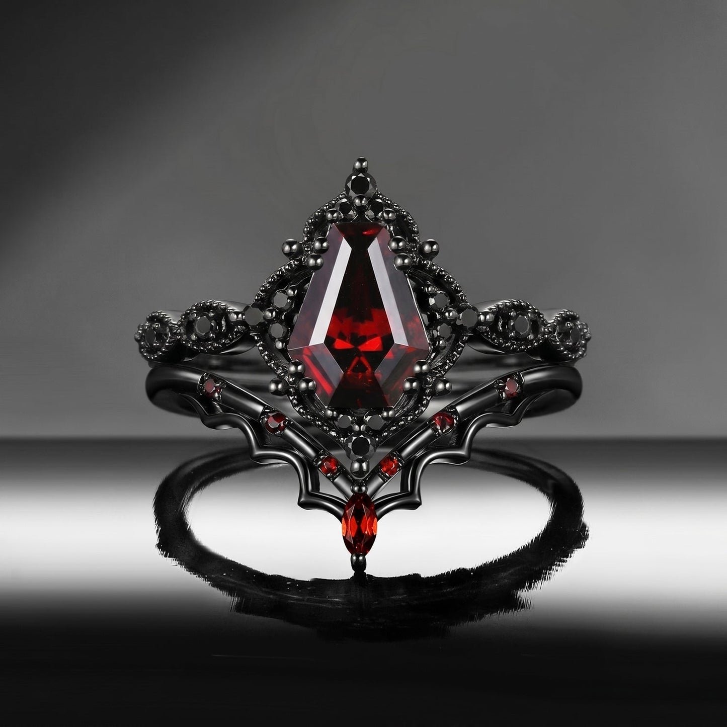 'Bat's Whisper' - Gothic Coffin Cut Garnet Alternative Bridal Engagement Ring Set with Bat Wings in Black Gold