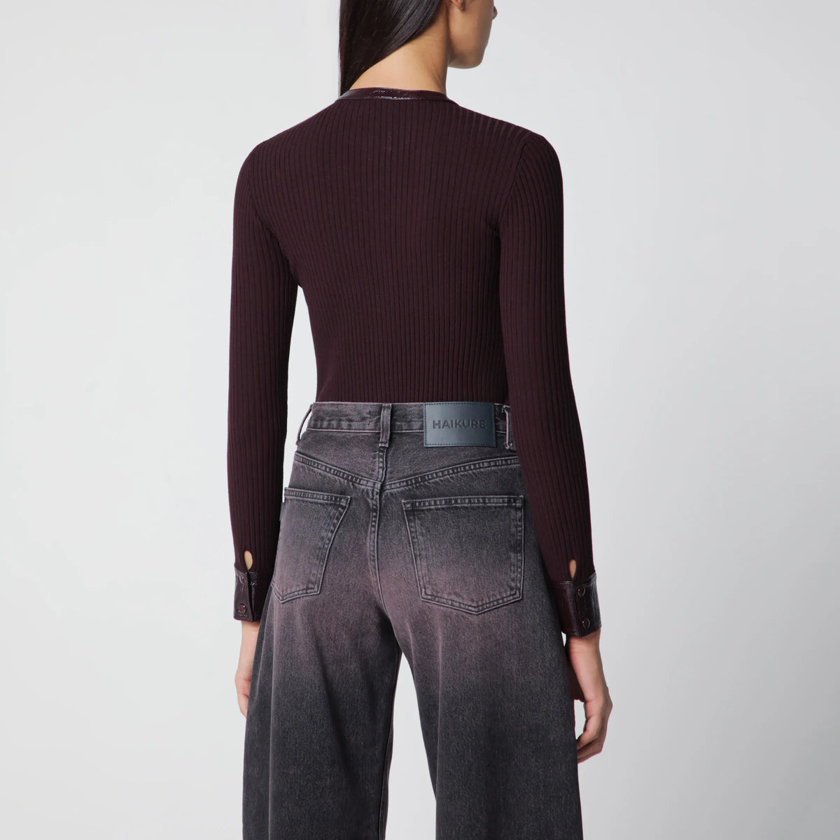 Courrèges - Ribbed knit cardigan with vinyl trim in burgundy