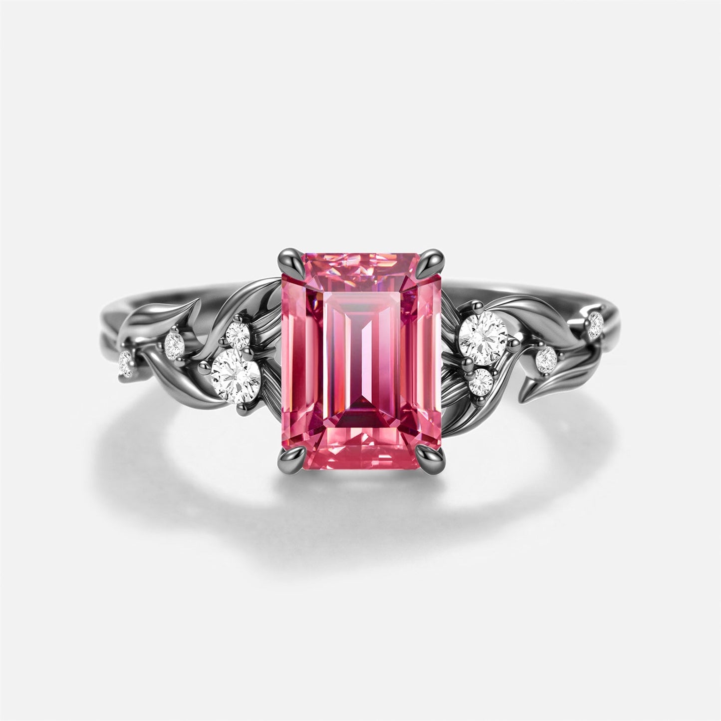 Luminous Reverie - Emerald Cut Pink Moissanite Leaf Vintage Engagement Ring - Ivy