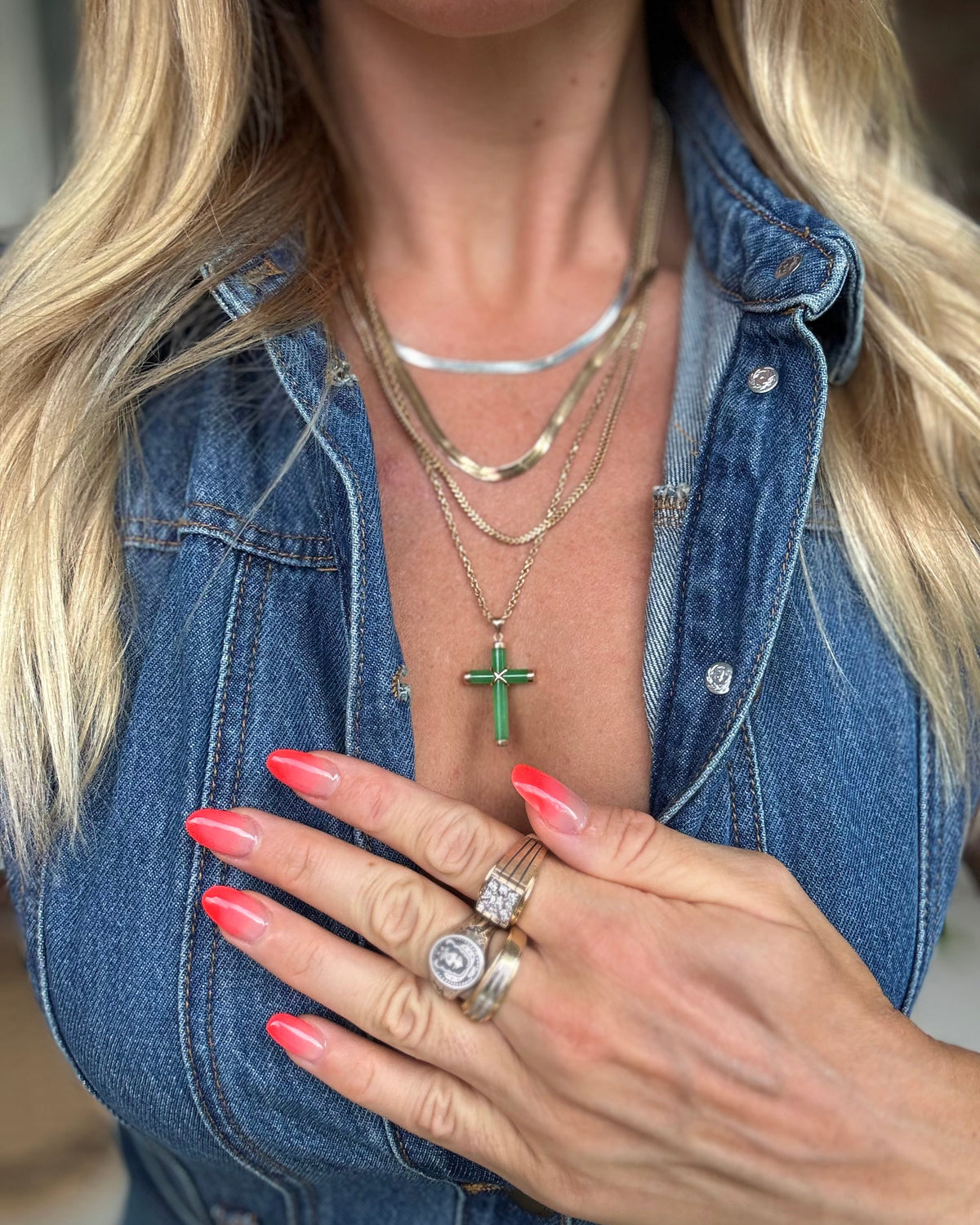 Estate 14k Yellow Gold & Jade Cross Charm