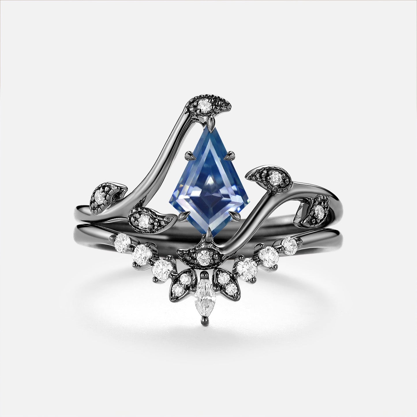 Luminous Reverie - Unique Kite Cut Blue Moissanite Classic Engagement Ring Set 2pcs - Hazel