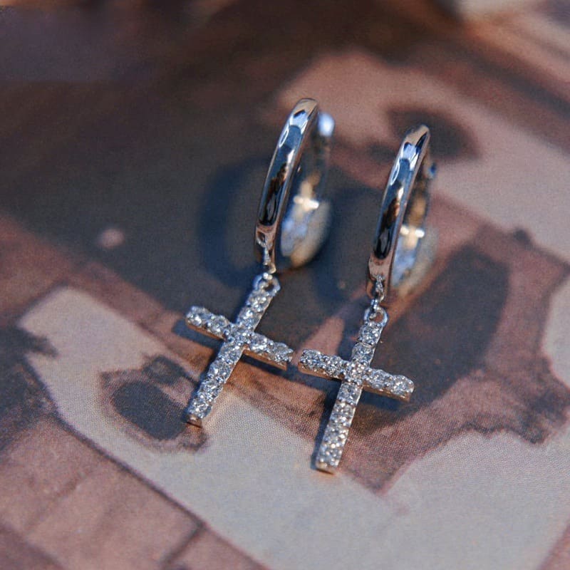 Sparkling Cross Round Cut Earrings In Sterling Silver