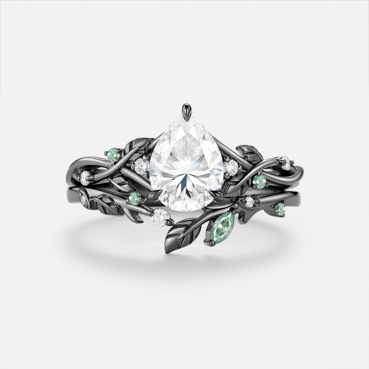 Luminous Reverie - Pear Cut Moissanite Leaf Vintage Engagement Ring Sets - Luna