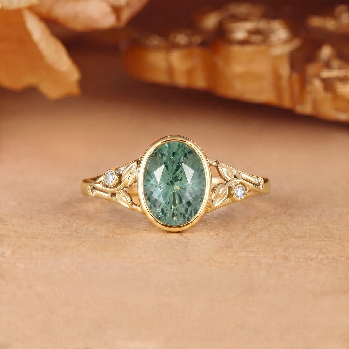 Firework Bezel Oval Cut Green Sapphire Natural Inspired Leaf Engagement Ring - Beryl