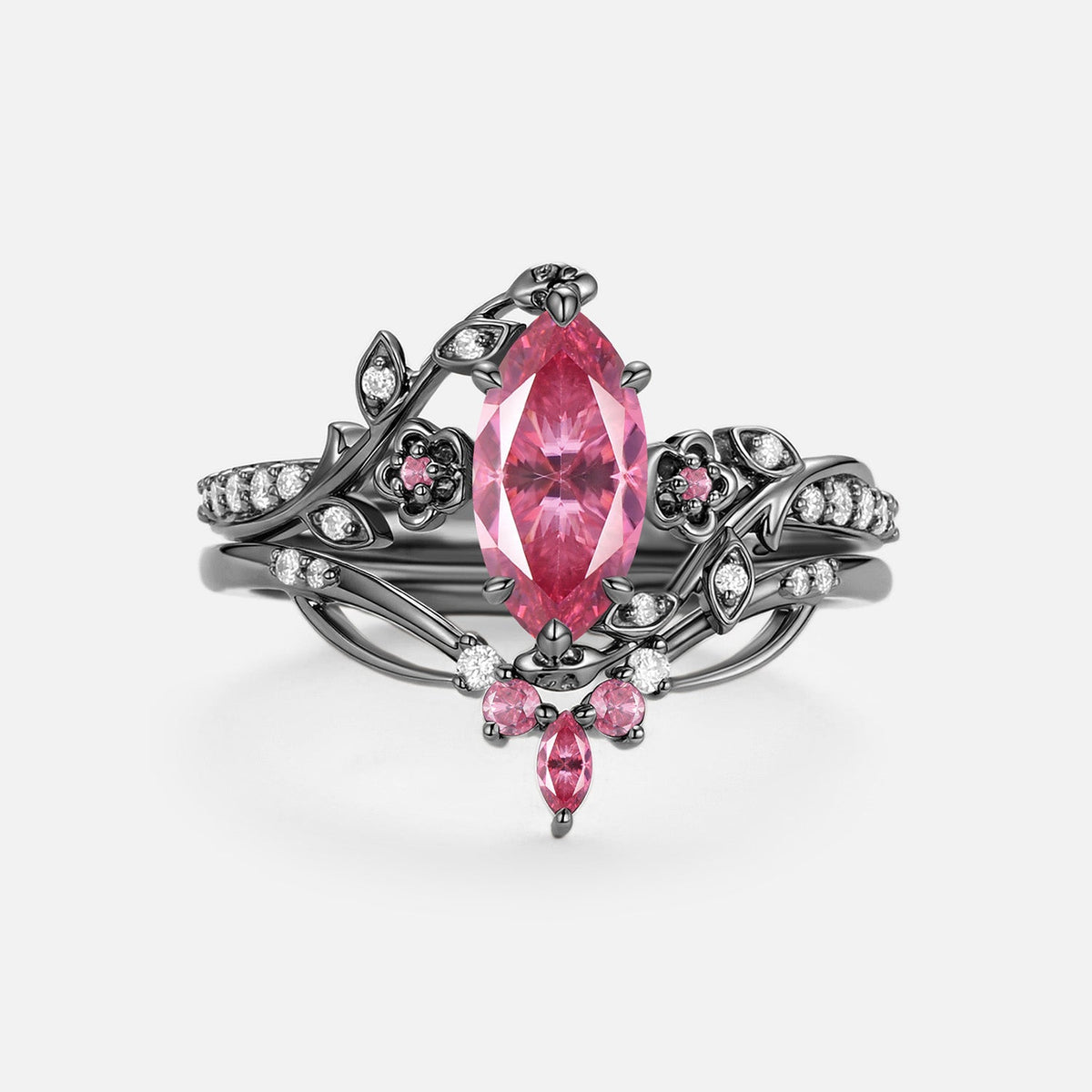 Luminous Reverie - Marquise Pink Moissanite Floral Vintage Engagement Ring Sets - Zane