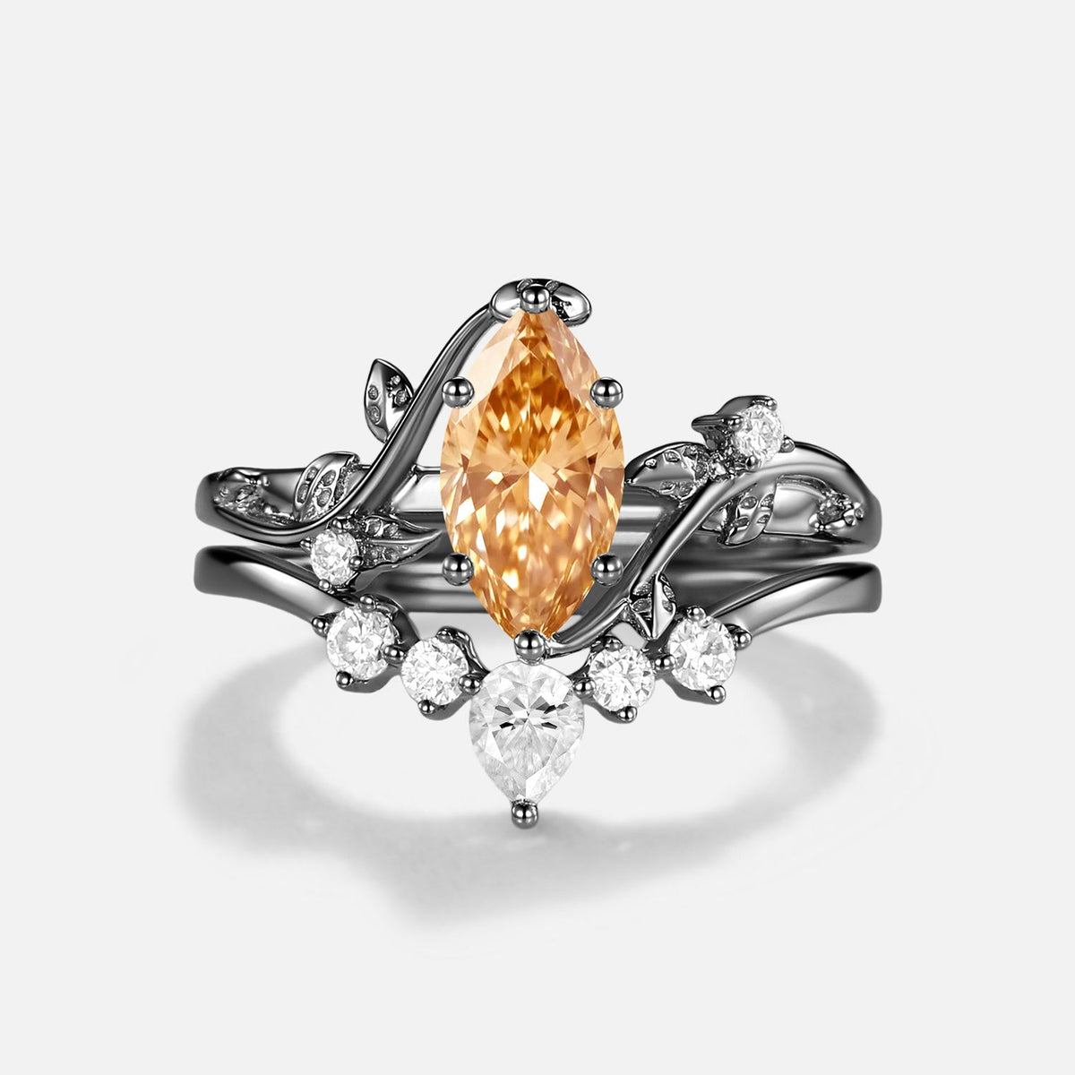 Luminous Reverie - Marquise Champagne Moissanite Leaf Unique Engagement Ring Sets 2pcs - Thalassa