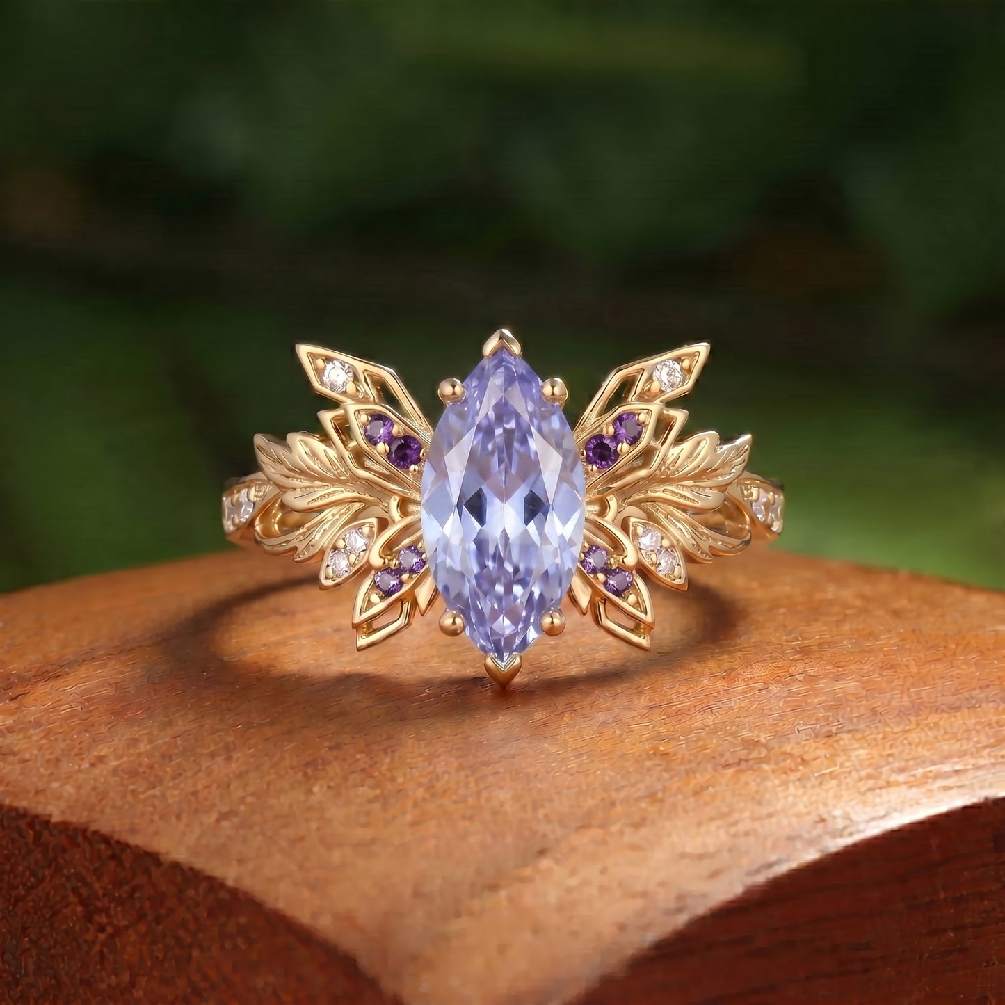 Forest Fairy Butterfly Wing Marquise Cut Purple Sapphire Leafy Engagement Ring - Inara