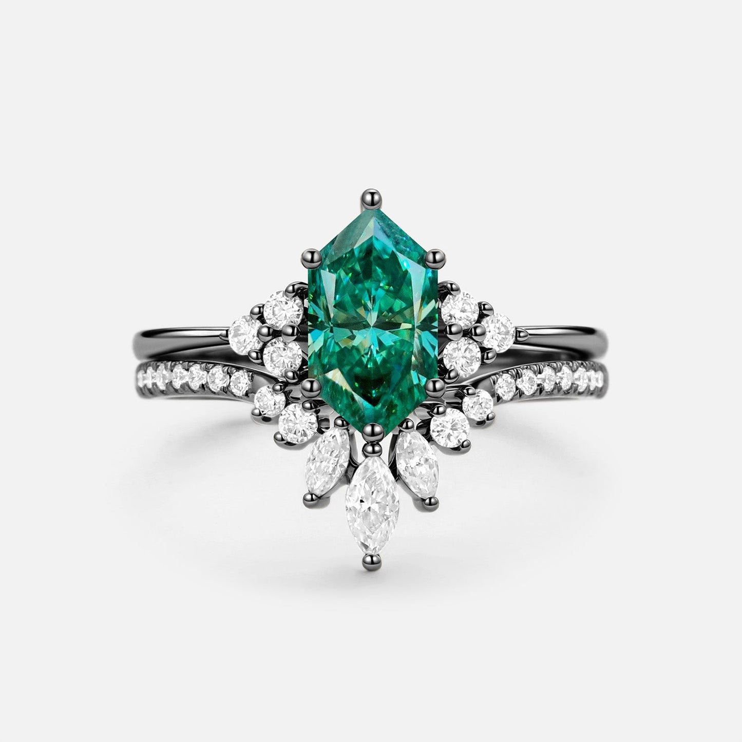 Luminous Reverie - Dutch Marquise Green Moissanite Classic Vintage Engagement Ring Sets 2pcs - Sierra