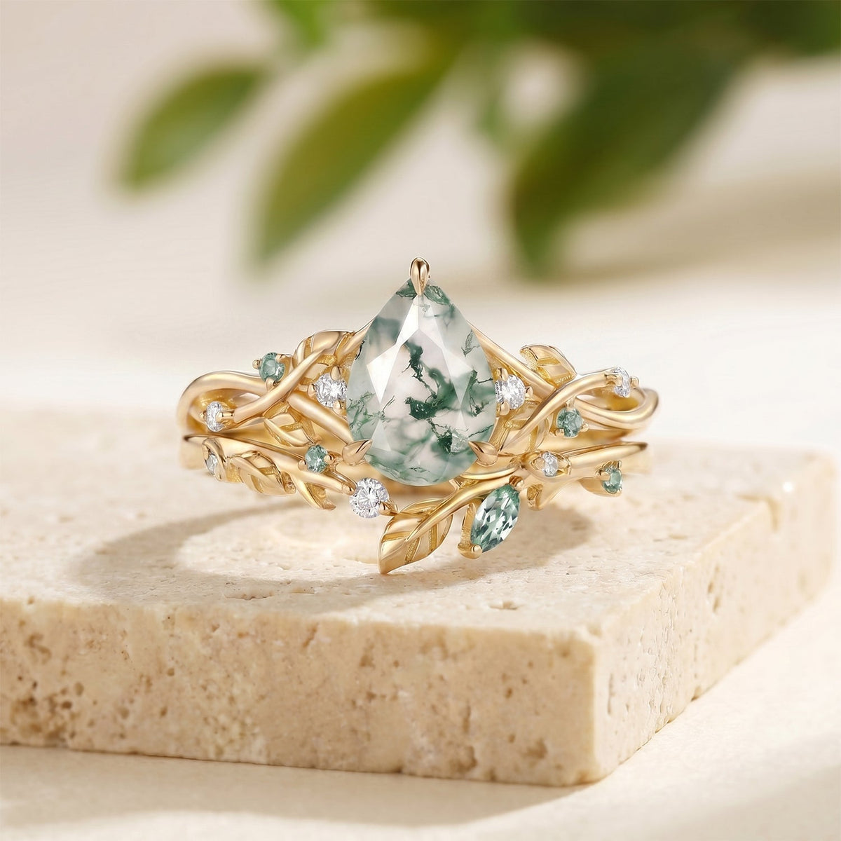 Pear Cut Moss Agate Leaf Vintage Engagement Ring Sets - Prism