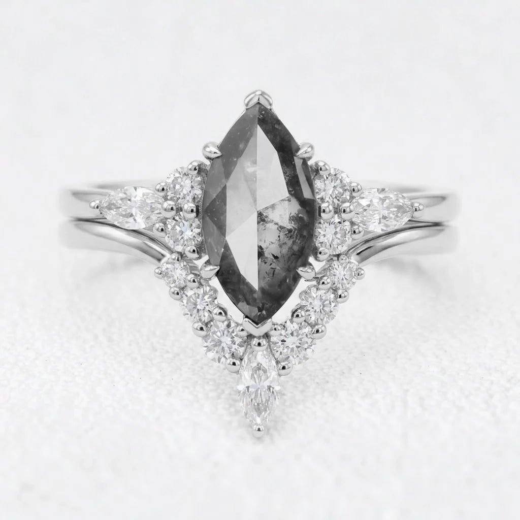 Isadora's Reverie | 1CT Marquise Cut Salt & Pepper Diamond Vintage Bridal Set 2pcs
