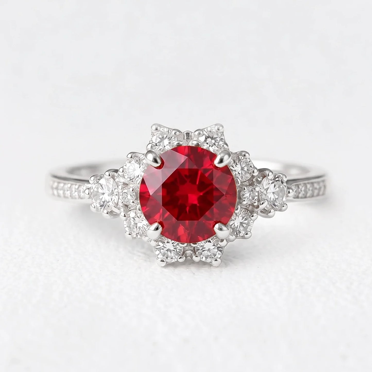 Valencia’s Pulse | Burgundy Round Ruby Halo Engagement Ring