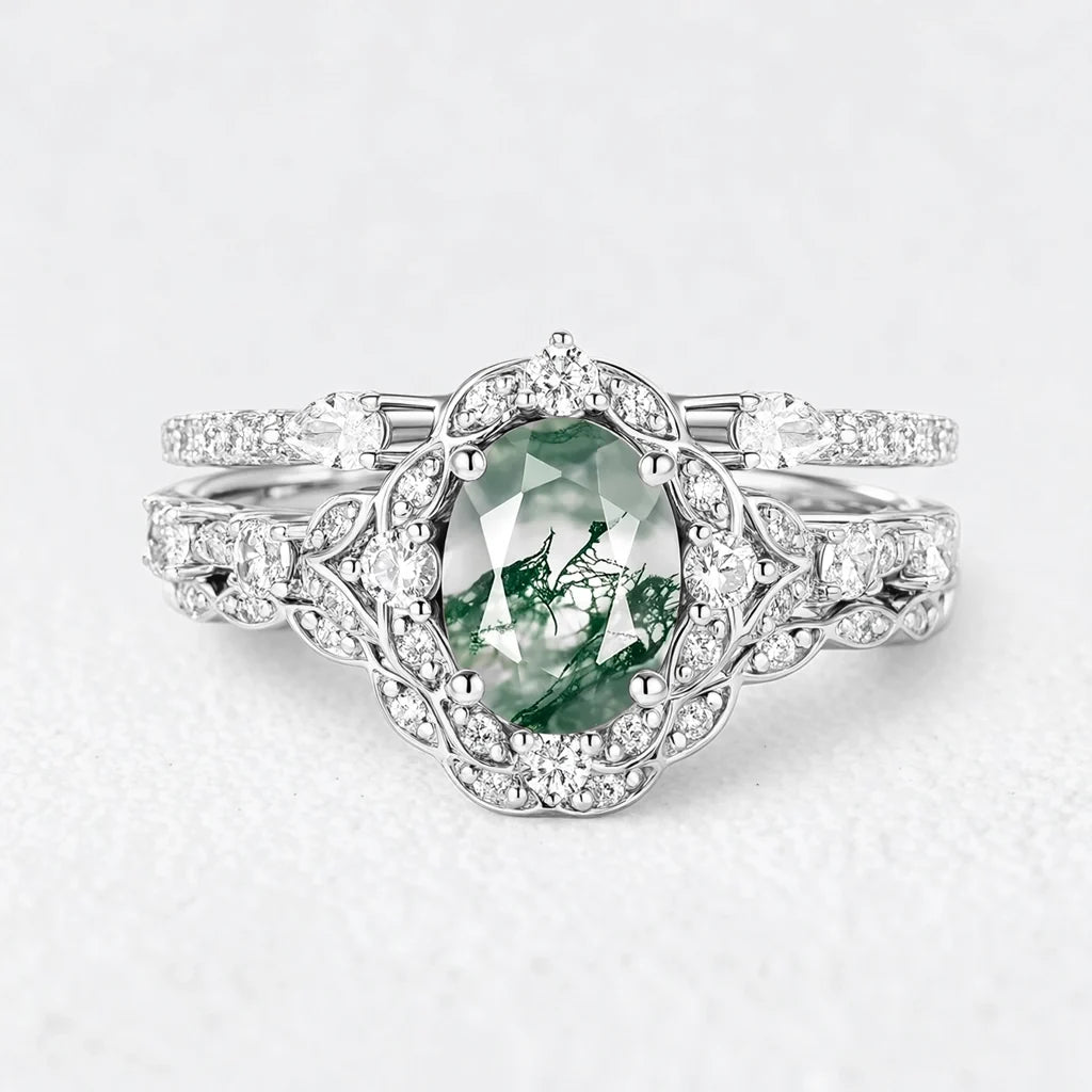 Alexandra’s Heritage | Oval Moss Agate Cluster Bridal Trilogy