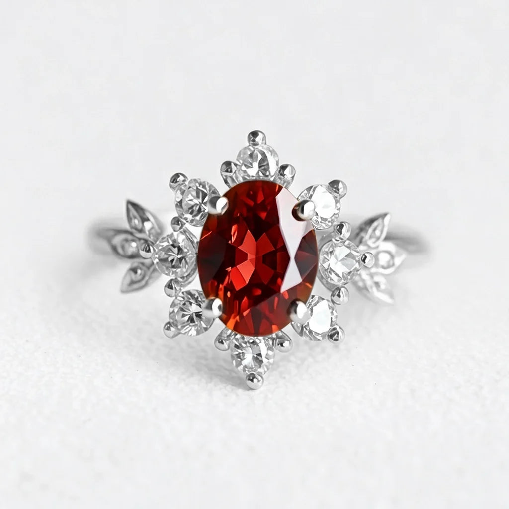 Anne’s Crimson | Oval Garnet Vintage Halo Engagement Ring