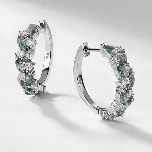 Natural Marquise Cut Moss Agate Leaf Vine Hoop Earrings