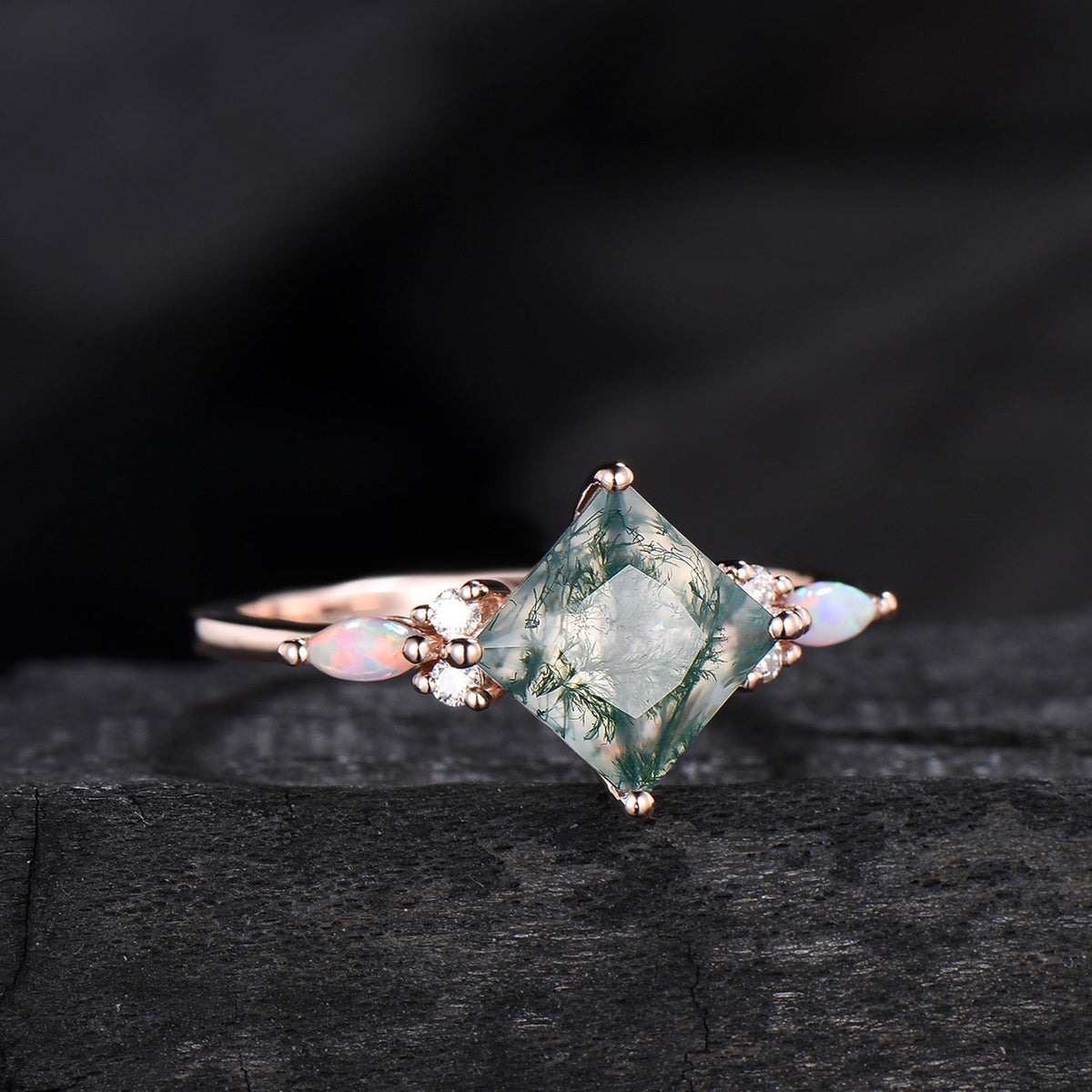 2CT Natural Princess Cut Moss Agate Engagement Ring: Moissanite & Marqusie Opal Accents