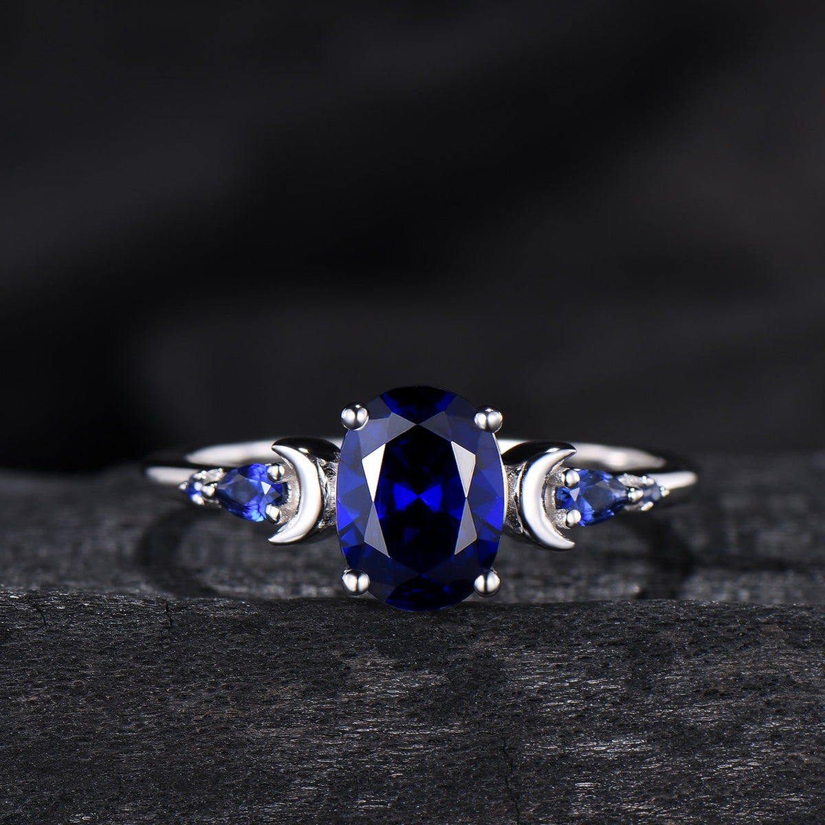 Vintage 1.5 Carat oval blue sapphire moon engagement ring set Five stone wedding set