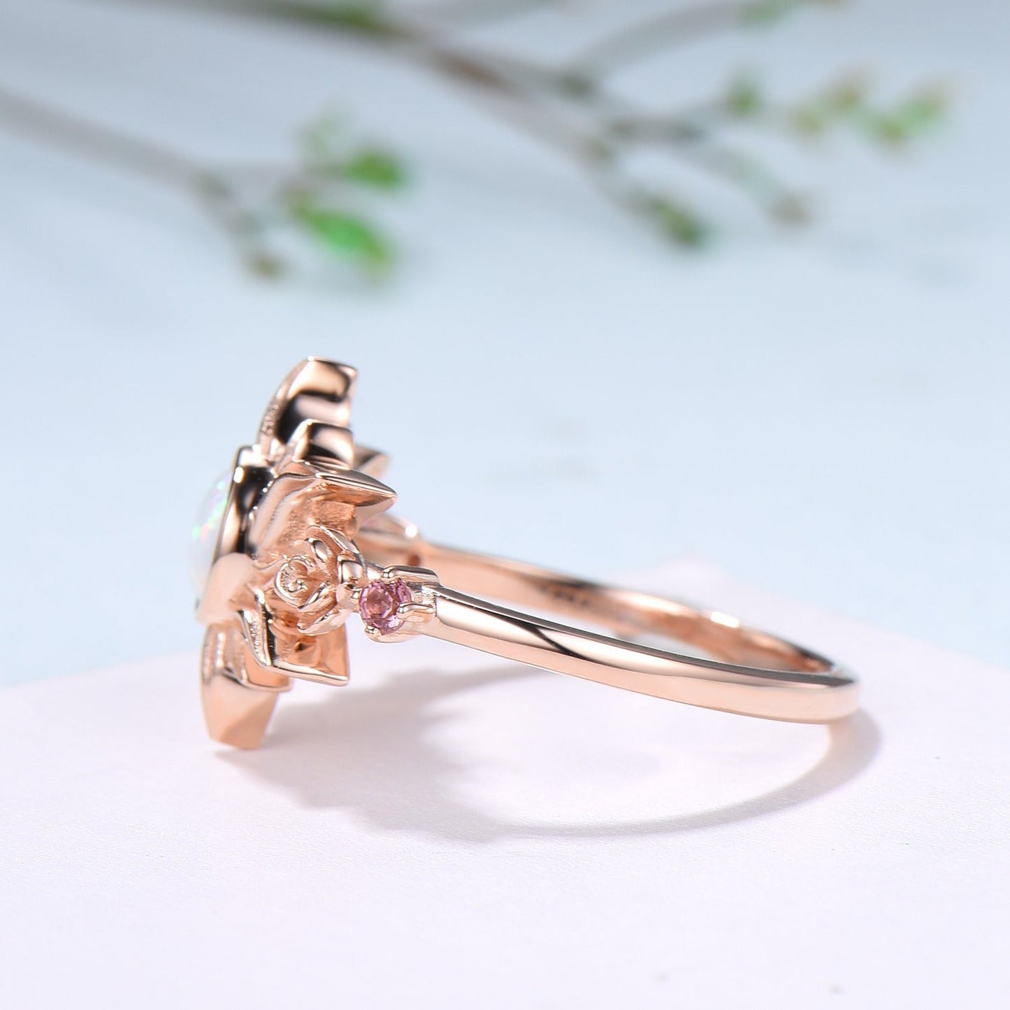 Sunflower ring round fire opal engagement ring nature inspired pink tourmaline wedding ring vintage flower anniversary promise ring for wife