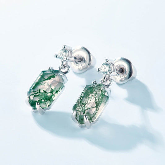 Dainty Moss Agate Earrings - Unique Long Hexagonal Nature Jewelry