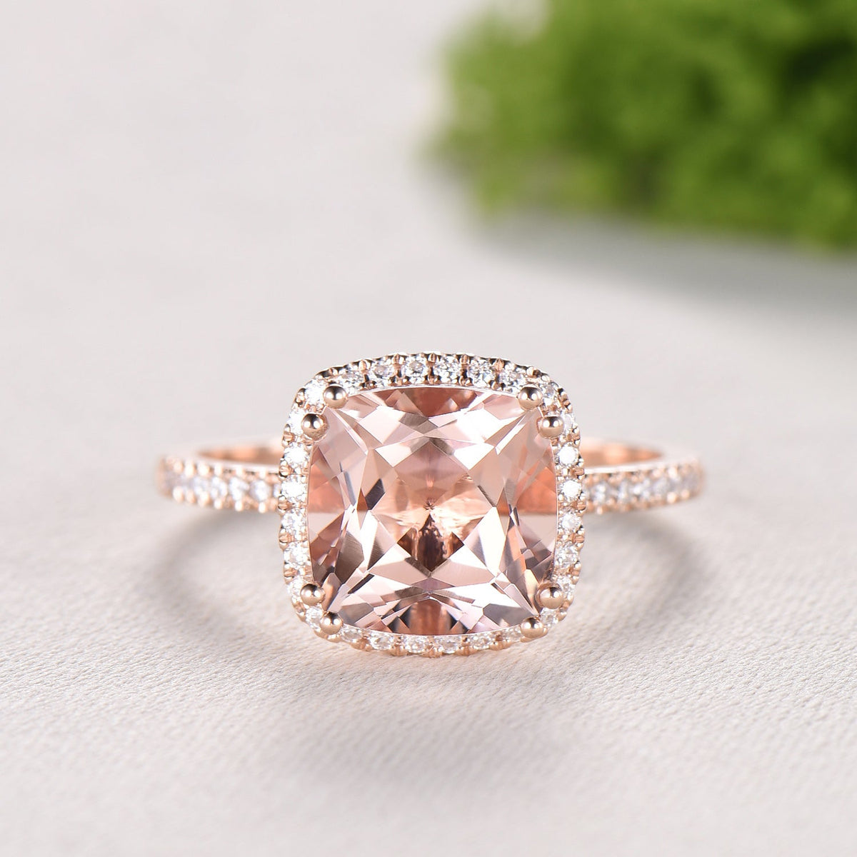 3ct cushion cut natural morganite engagement ring set Vintage 14k rose gold bridal ring set Full eternity Milgrain matching band