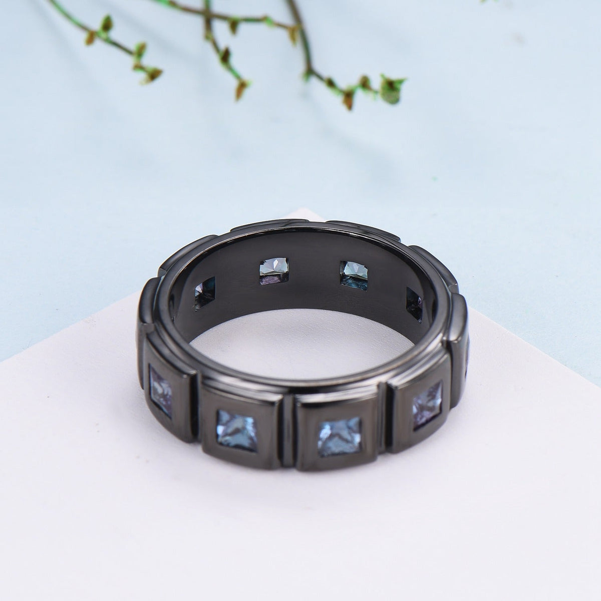 Black Gold Brushed Finish Mens Wedding Band Unisex Frame Princess Cut Alexandrite Men's Wedding Ring Anniversary Stacking Matching Band Gift