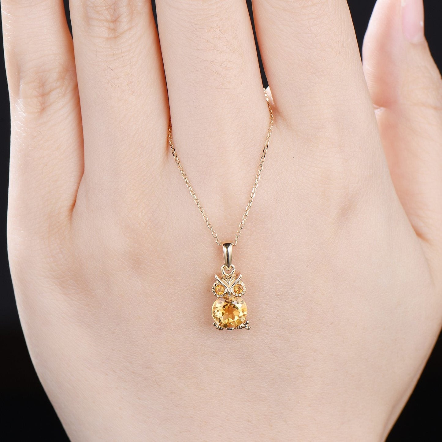 Unique Cute Owl Natural Citrine Wedding Necklace Sterling Silver Yellow Gold Mother's Pendant Animal Inspired Anniversary Gift for Daughter