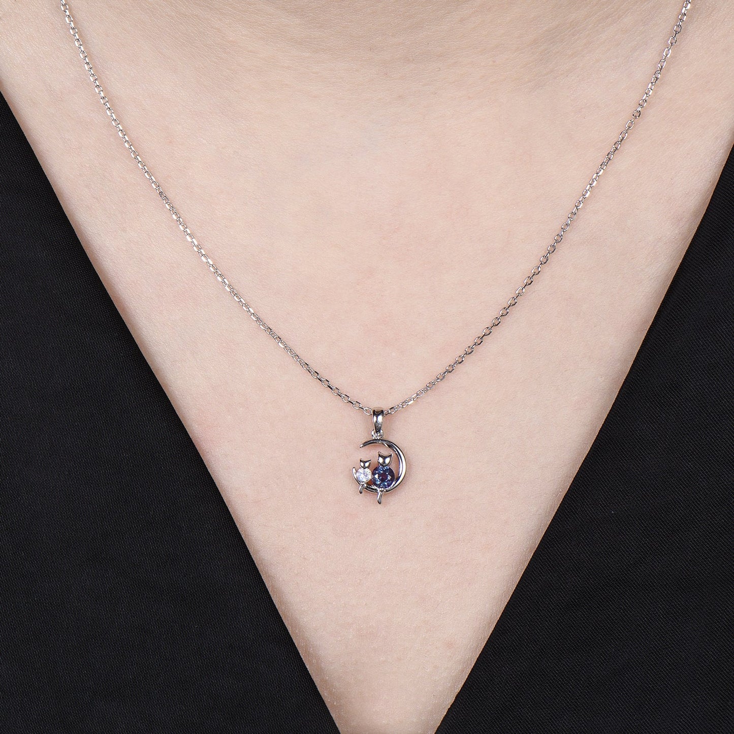 Dainty cat alexandrite moonstone necklace cute silver white gold moon family pendant personalized Two cats lying on the moon rocking chair