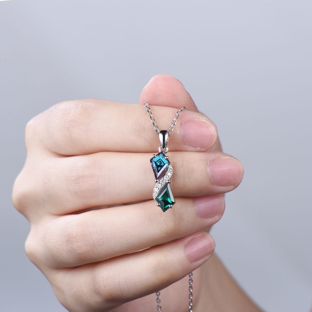 Two-Tone Kite Cut Alexandrite and Emerald Necklace Pendant | White Gold Moissanite Accent Snake Necklace