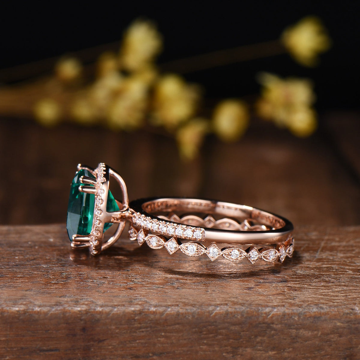 3ct Cushion Emerald Wedding Ring Set, May Birthstone Engagement Ring,Rose Gold Halo Diamond Bridal Set, Art Deco Full Eternity Milgrain Band