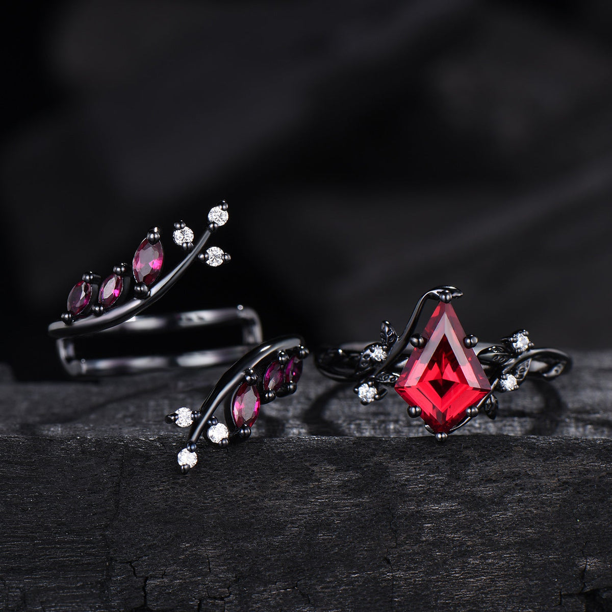 Unique gothic kite cut ruby engagement ring set black gold cluster engagement ring leaf branch nature inspired marquise ruby wedding set