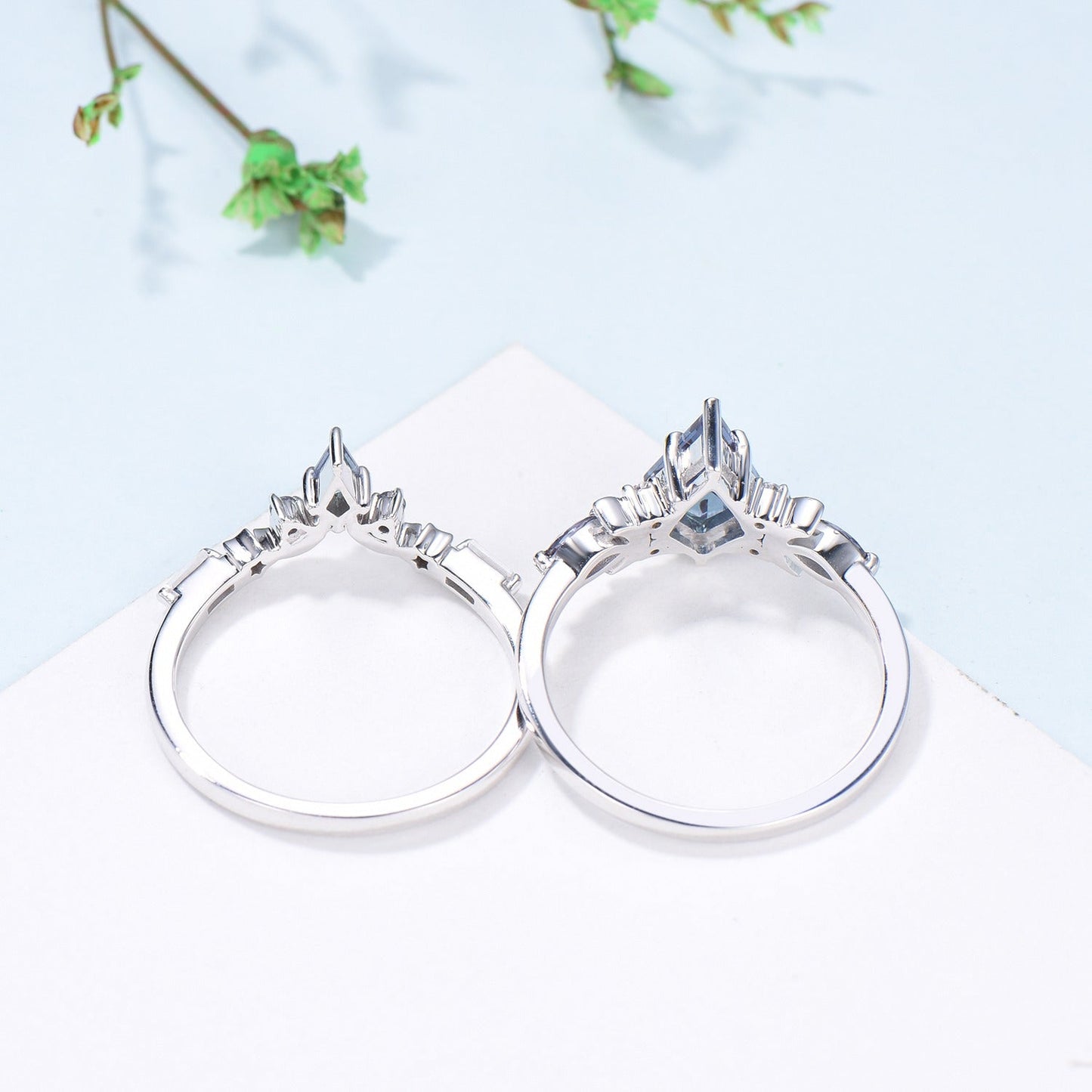 Kite Cut Alexandrite Engagement Ring Set Crescent Moon Star White Gold Art Deco Marquise Bridal Set