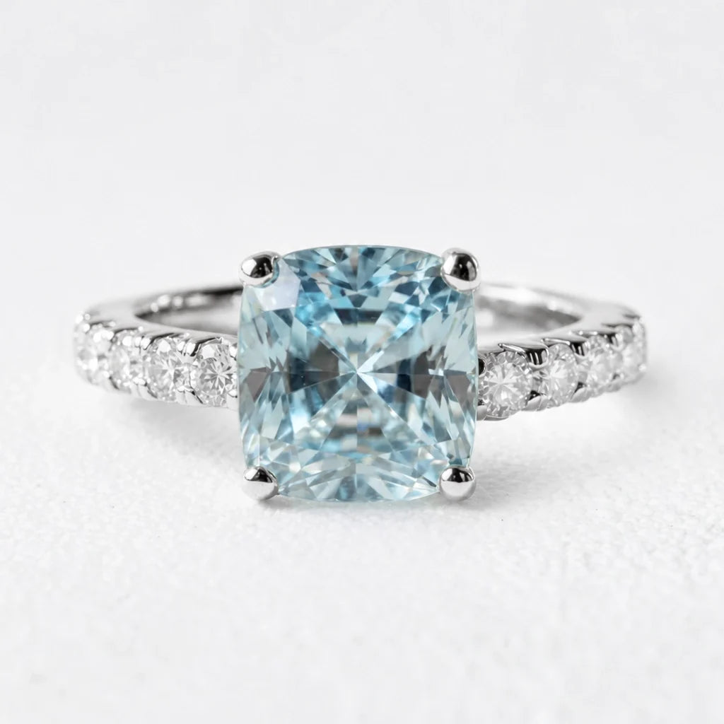 Aria’s Tide | 2CT Cushion Cut Aquamarine Engagement Ring