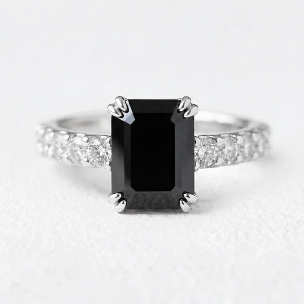 Selene’s Shadow | 3CT Emerald Cut Onyx Engagement Ring