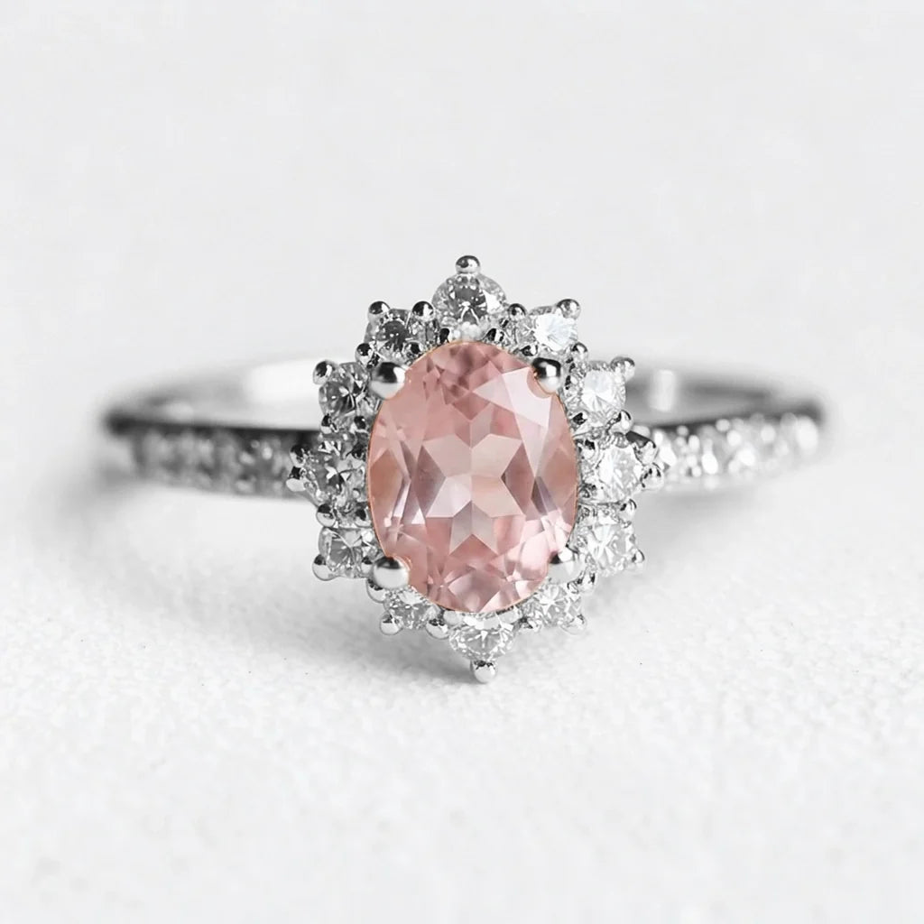 Rosalind’s Blush | Rose Quartz Halo Engagement Ring