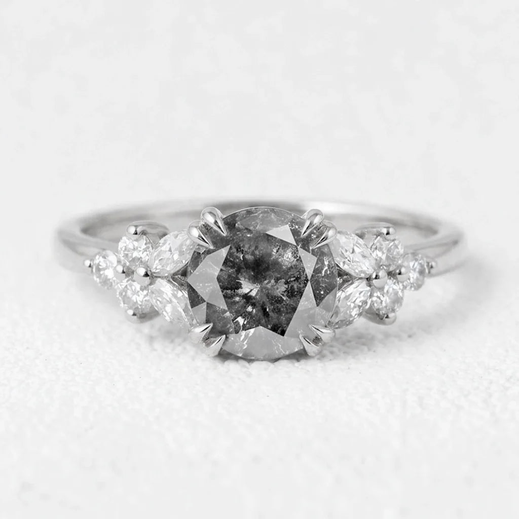Isadora’s Bloom | 1CT Vintage Round Salt & Pepper Diamond Cluster Engagement Ring