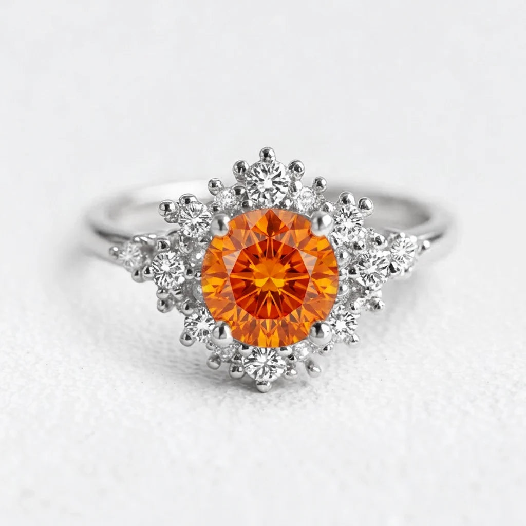 Vivienne’s Amber | Round Cut Orange Sapphire Halo Engagement Ring