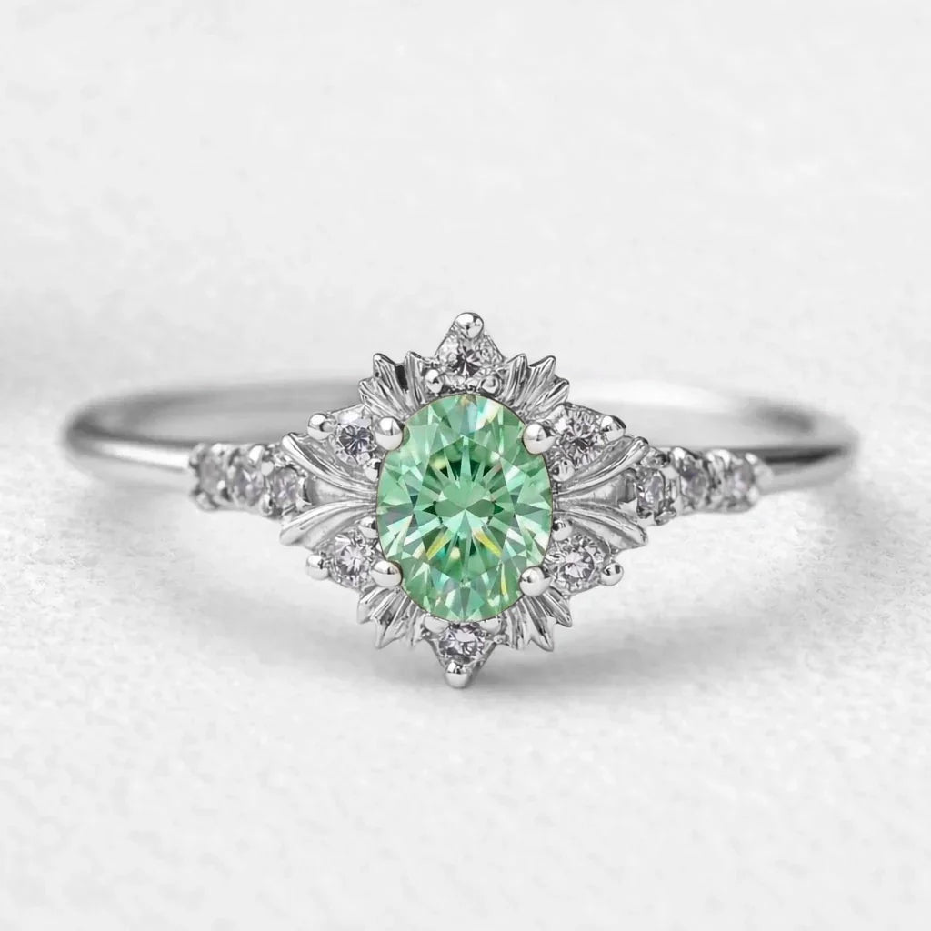 Isolde’s Enchantment | Vintage Oval Green Sapphire Halo Engagement Ring