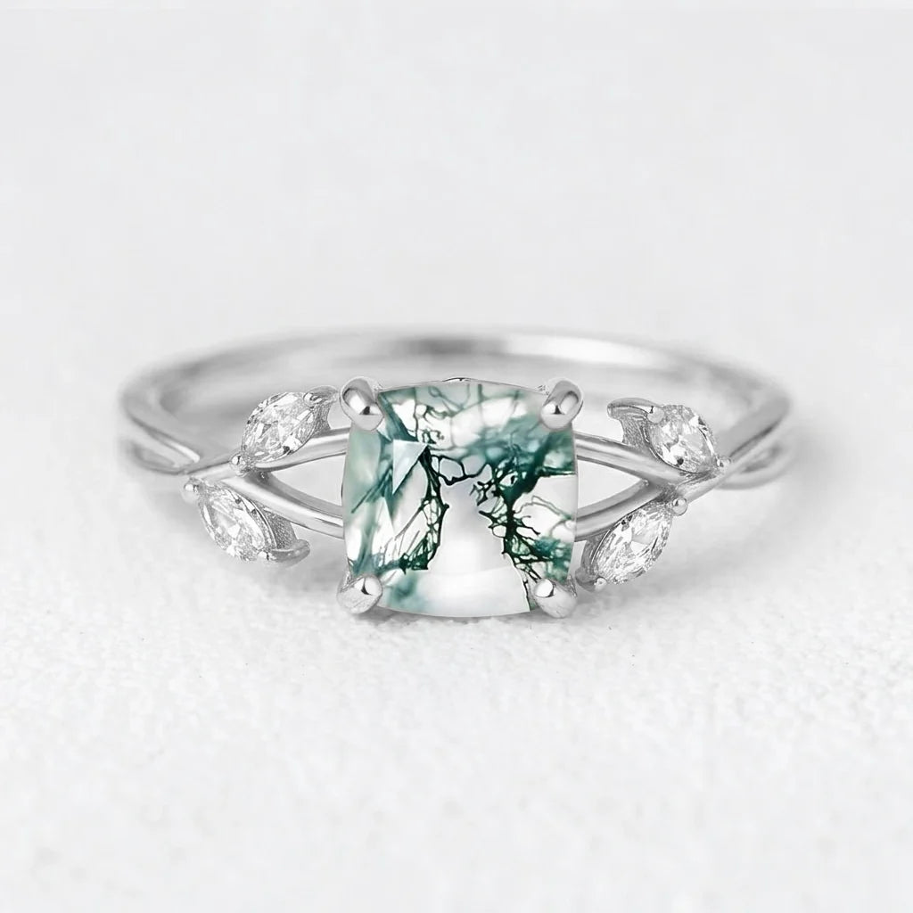 Penelope’s Evermore | Cushion Cut Moss Agate Vine Engagement Ring