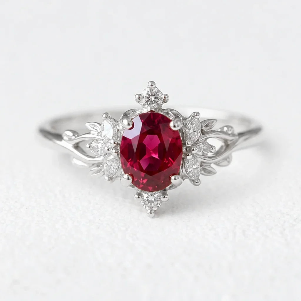 Roselight Briar | Oval Ruby Engagement Ring with Scattered Diamond Leaves